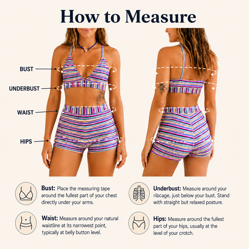 How to measure for Sunfolk Swimwear bust, underbust, waist and hips measurement guide for women's sizing